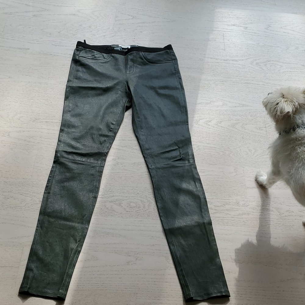 Helmet Lang olive green Leather stretch leggings